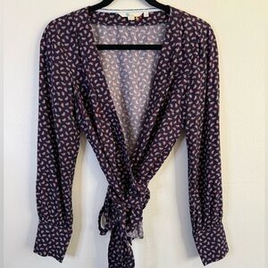 Boden Wrap Blouse Navy Print Tie Front Top Long Sleeve Size 2R Flattering Fit